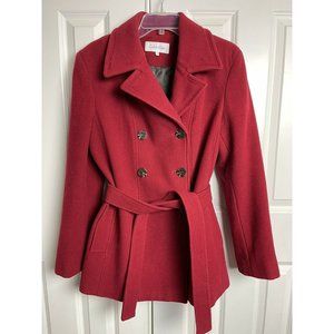 ❤ Calvin Klein Woman's Red Pea Coat Winter Double Breasted Wool Blend size 12